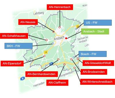 Bild vergrößern: Übersicht der Standorte der Feuerwehren Ansbachs