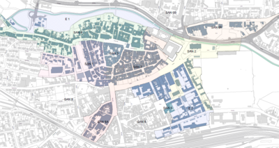 Bild vergrößern: Das neue Sanierungsgebiet (kurz SAN) „Ansbach-Kernstadt“ um-fasst in etwa die farblich markierten SANs sowie die beiden Erweite-rungen (E1 und E2) und bringt neue Zielsetzungen ein.