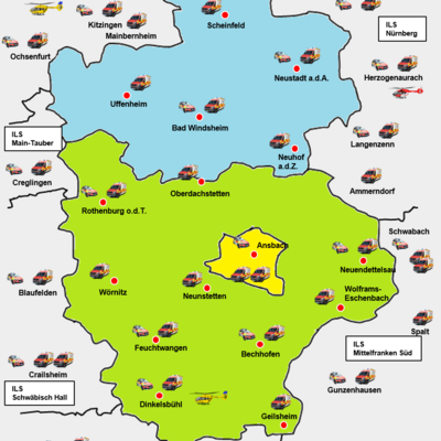 Bild vergrößern: Der Zuständigkeitsbereich der ILS umfasst die Stadt sowie den Landkreis Ansbach und den Landkreis Neustadt a.d.Aisch-Bad Windsheim. Auf der Grafik sind zudem die Standorte der Rettungsfahrzeuge und Helikopter zu sehen.