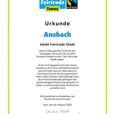 Bild vergrößern: Urkunde Fairtrade-Stadt Ansbach 2023